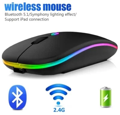 New Slim Silent Rechargeable Wireless Mouse RGB LED USB Mice MacBook Laptop PC - Image 1 of 4