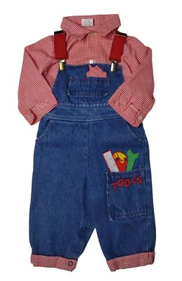 Vintage Denim Suspender Overall Set Tools Patch Red Check Shirt - Image 1 of 4