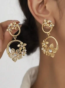 Hoop Flower Earrings CZ Double Statement Gold Filigree Hollow Out Stud VTG Zara - Picture 1 of 5
