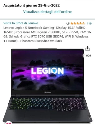 Lenovo Legion 5 15ACH6H FHD 165Hz Ryzen 7 5800H, 512 GB SSD, RAM 16 GB, 3070 8GB - Immagine 1 di 4