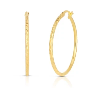 925 Sterling Silver Diamond Cut Gold French Lock Round Hoop Earrings 25MM-40MM - Picture 1 of 5