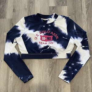 U.S. Polo Assn. Girls Long Sleeve Cropped Swimsuit Top Blue/White XL (15-17) - Picture 1 of 4