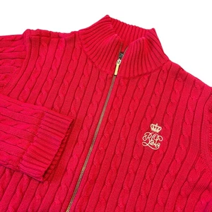 Lauren Ralph Lauren Red Cable Knit Full Zip Sweater Womens Large Crown Emblem - Picture 1 of 11