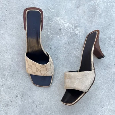 Gucci | Authentic Vintage GG Monogram Creme Champagne Beige Canvas Mules (35) - Image 1 of 4