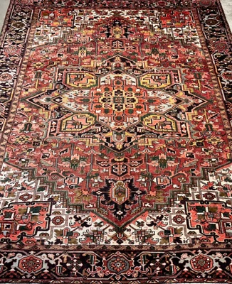 9'7"x12'8" Hand-Knotted Wool Geometric Heriz Area Rug - 9x12 Handmade Carpet Red - Image 1 of 4