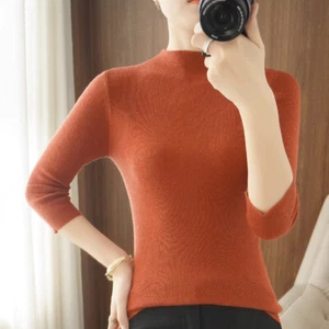 Lady Knitted Basic Top Shirt Mock Neck Jumper Sweater Knitwear Pullover Casual - Picture 1 of 22