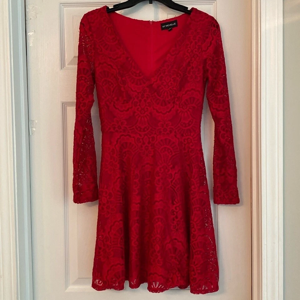 VESTIDO DE ENCAJE ROJO PARA NIÑAS DE MY MICHELLE, TALLA 5, NYLON/SPANDEX/FORRADO Foto 1 de 4