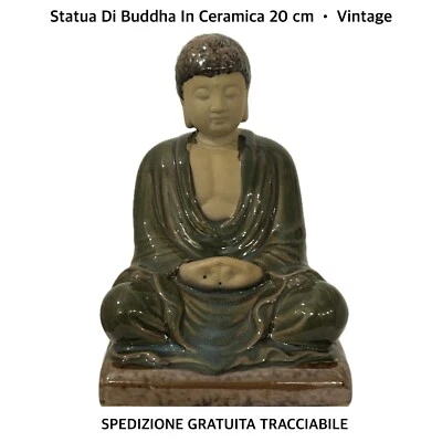 Statua Figura BUDDHA In Ceramica 20 cm Dipinto A Mano Colore Smaltato • Vintage - Immagine 1 di 4