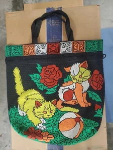 Vintage 70s Beaded Neon Cat Kitten Shoulder Bag Purse Satchel Retro Drawstring - Picture 1 of 4