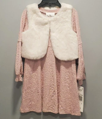 GirlsTextured Jacquard Knit Dress with Faux Fur Vest Size 5 Pink - Image 1 of 4