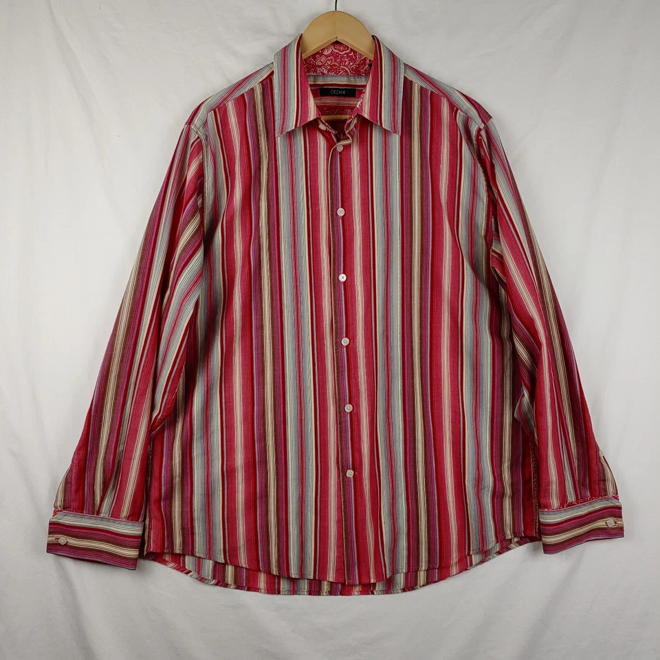 Cezani Shirt Mens L Pink Stripe Paisley Cuff Long Sleeve Button Up - Image 1 of 4