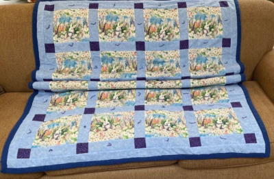 Baby Child quilt lap blanket 64"x46" bunny rabbit in flower bed - Image 1 of 3