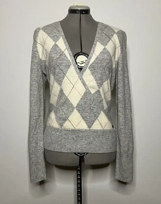 Esprit Preppy Angora Merino Wool Pink Grey Green Fixed Wrap Argyle Knit Sweater - Image 1 of 4
