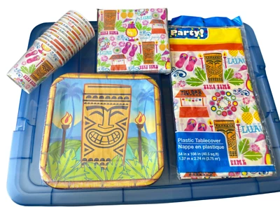 Tiki Time Design Paper Dinner Plates & Napkins + Cups +Table Covering 54x108 Set - Image 1 of 4