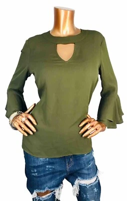 Soho NY&C M Top NWT $49 Olive Keyhole 3/4 Bell Sleeves Blouse Casual Sexy Soft - Image 1 of 4