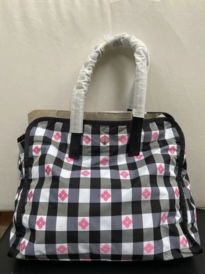 BOLSO DE MANO GRANDE KATE SPADE A CUADROS PATRÓN NEGRO/BLANCO ACENTOS ROSAS ELEVADOS Foto 1 de 4