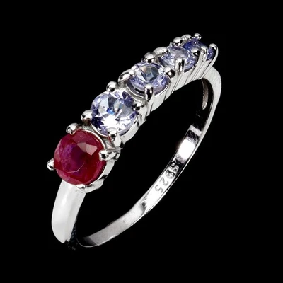 Anillo de plata de ley 925 redondo rubí tanzanita piedras preciosas naturales joyería talla 8 Foto 1 de 4