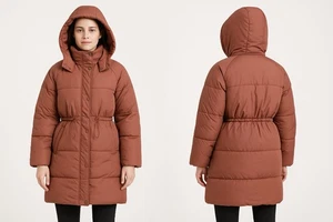 Old Navy Trench Coat Womens L Brown Hooded Puffer Quilted Winter Jacket - Picture 1 of 14