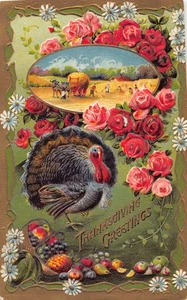 Postal en relieve escena cosecha pavo saludos de acción de gracias vintage - Imagen 1 de 2