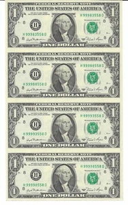 1981 $1 ST LOUIS Uncut Sheet of 4 FRNs. Crisp & UNCIRCULATED. SCARCE H/D Block. - Picture 1 of 3