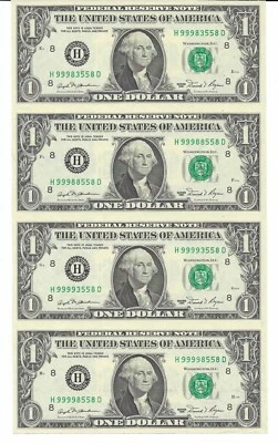 1981 $1 ST LOUIS Uncut Sheet of 4 FRNs. Crisp & UNCIRCULATED. SCARCE H/D Block. - Image 1 of 3