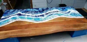 Custom Blue Ocean Epoxy Resin Table – Handmade Walnut Dining Table Rustic Style - Picture 1 of 9