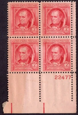 Scott #860 James Fenimore Cooper Plate Block of 4 Stamps - MNH P#22477 #4 - Image 1 of 2
