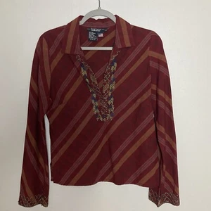 Vintage Y2K Rampage Women’s Embroidered Collared Shirt Hippie Boho Floral Maroon - Picture 1 of 10