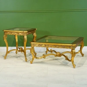 NO TARIFFS! Glass Top French Square Coffee table & 2 side table set Gold Leaf - Picture 1 of 10