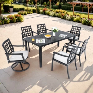 7PC Patio Dining Set with Table & 6 Chairs, Cast Aluminum, Textured Ember Black - Picture 1 of 10