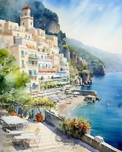 Amalfiküste Italien italienisches Mittelmeer Dorf Meer Giclée Kunstdruck - Bild 1 von 2
