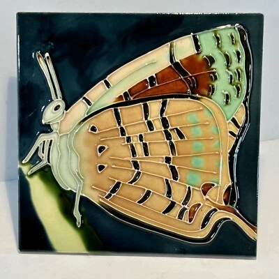 Artwork Decorative Tile Moth/Butterfly Picture Stand Texture teal/tan/brown 6x6 - Image 1 of 4