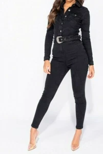 Black Belt Long Sleeve Denim Jumpsuit Catsuit Playsuit - Picture 1 of 7