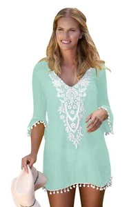 Women Crochet Applique 3/4 Mesh Sleeve Top Pompom Beach Coverup Mini Dress - Bild 1 von 12