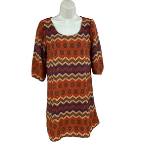 Rue 21 Shift Dress Rust Navy Size Medium 3/4 Sleeve Full Zip Scoop Neck - Picture 1 of 12