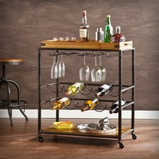 Vintage Rolling Wood Iron Metal Beverage Bar Serving Cart Drink Tray Wine Cart