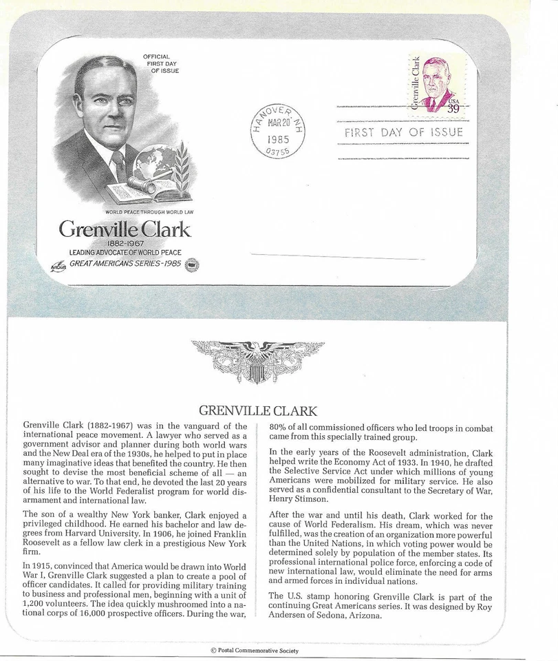 1985 Grenville Clark, World Peace advocate Sc 1867 FDC info page PCS ArtCraft - Image 1 of 1