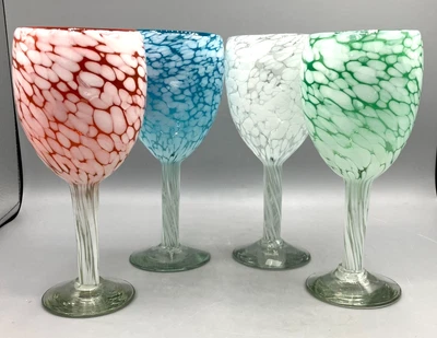 Juego de 4 copas de vino con tallo moteado blanco vidrio soplado transparente naranja verde azul Foto 1 de 4