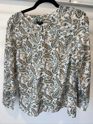 Blusa Talbots média pequena azul branca paisley manga longa algodão botão frontal - Imagem 1 de 4