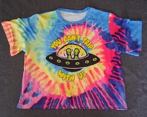 Gr. Large Cropped Tie-Dye Alien T-Shirt "YOU CAN'T TRIP WITH US" - Bild 1 von 6