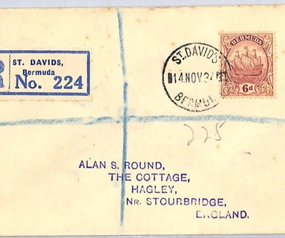 Бермуды KGV чехол * ST DAVID'S * зарегистрированный GB Stourbridge Hagley 1934 WY203 - Изображение 1 из 4