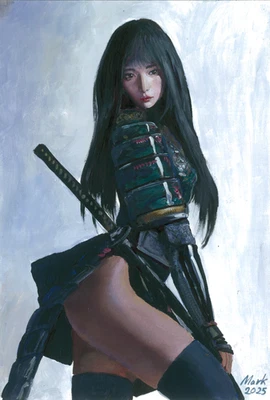 original Gemälde 20 x 30 cm 131ZbM Kunstwerk Ölfarben Sexy Frau Samurai - Bild 1 von 3