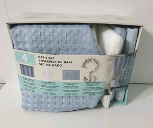 Waffle Textured Shower Curtain 4 Piece Set - Liner - Rug - Hooks - Blue - Picture 1 of 4