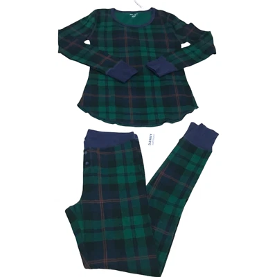 Antiguo conjunto de pijama azul marino para niñas talla XS de 2 piezas superior e inferior gofre tartán a cuadros verde Foto 1 de 4