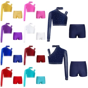 Kids Girls Crop Top With Shorts Latin Shirt And Bottoms Sparkly Tracksuit Jazz - Picture 1 of 90