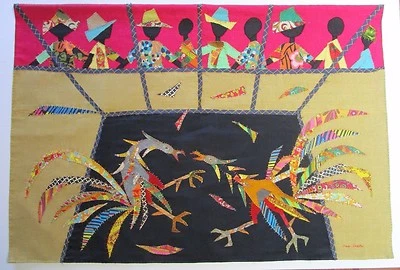 JEAN JOSEPH TAPESTRY VINTAGE HAITIAN ART FOLK MODERNISM ABSTRACT LARGE COLLAGE - Image 1 of 4