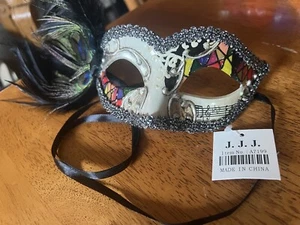 Silver MULTI-COLOR MASQUERADE MASK WITH MUSICAL NOTES & Peacock Feathers NWT!! - Picture 1 of 7