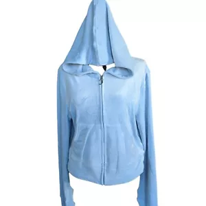 Juicy Couture Velour Frosted Blue Hoodie Zip Up Retro Y2K Rhinestone Women's XL - Picture 1 of 8