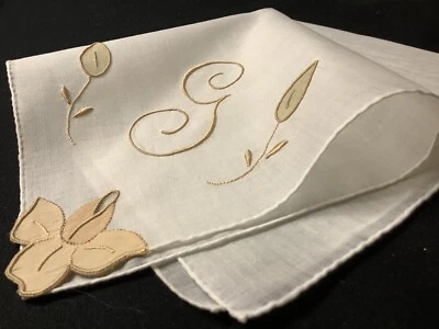 #7945🌟复古40年代马德拉Dk香槟Monogram“G”婚礼手帕 — 第 1/4 张图片
