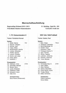 Line up 12/13 RL 1. FC Kaiserslautern II - SSV Ulm 1946 - Bild 1 von 1